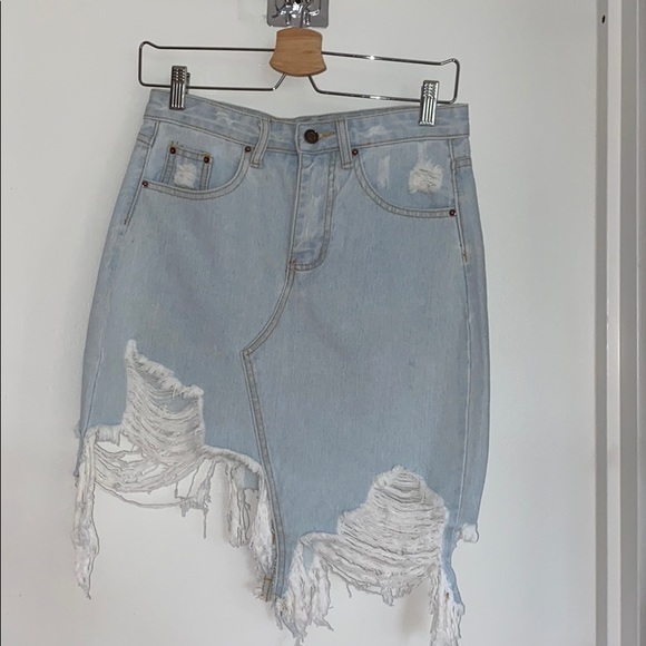 SHEIN Dresses & Skirts - NWOT ASYMETRICAL RIPPED LIGHT DENIM JEAN SKIRT